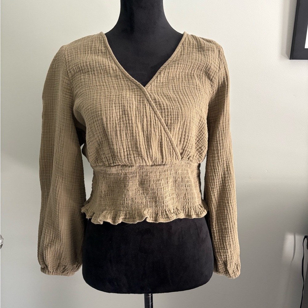 Madewell Textured Tan V-Neck Blouse